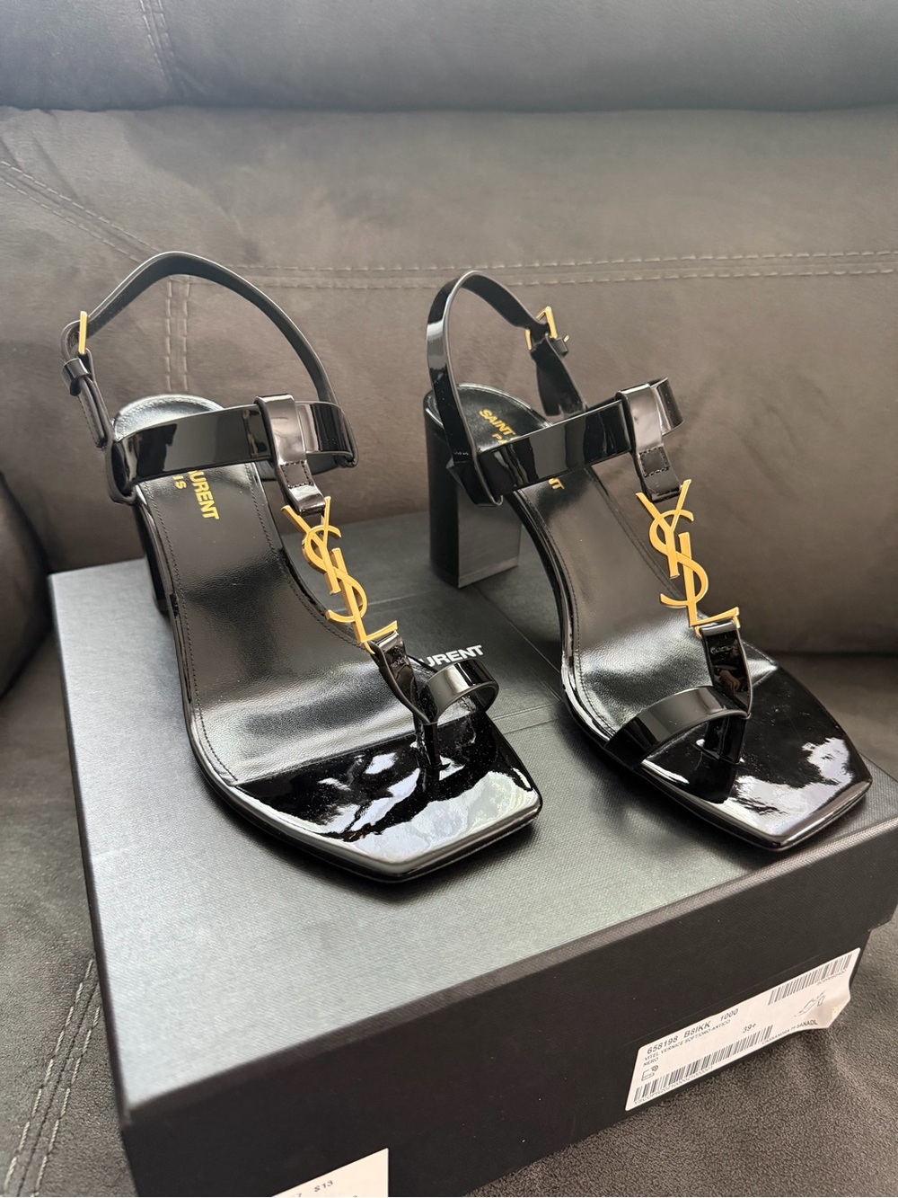 Saint Laurent Black Patent YSL Logo Block Heel Sandals